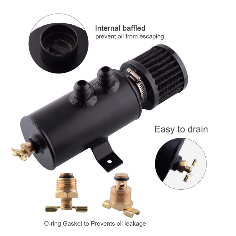 ESPEEDER 750ml Oil Catch Can Kit with Breather Filter | 10AN Universal Baffled Air Oil Separator & Breather Tank | 2 Port Aluminum Reservoir for High Performance & Racing - Black - Image 4
